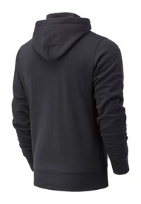 Felpa nera con cappuccio, in misto cotone, con vista posteriore che mostra il cappuccio con coulisse, polsini e orlo a coste. Texture liscia senza motivi visibili.