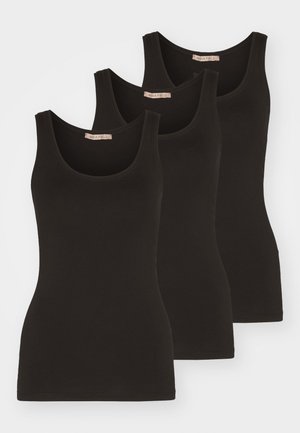 Three black tank tops made of cotton, featuring a scoop neckline and narrow shoulder straps. They have a smooth texture and a fitted design.