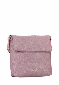 Pink fabric shoulder bag with a flap closure, smooth texture, adjustable strap, and a subtle logo on the front. Rectangular shape.