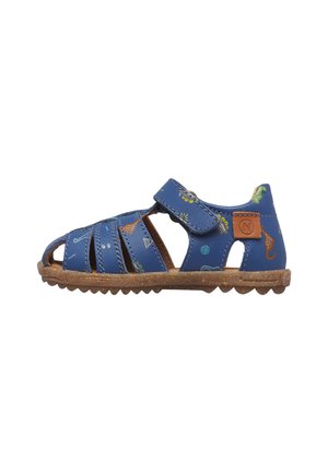 Sandalo blu per bambini con stampa di dinosauro, cinturino regolabile in velcro, design con punta aperta e suola marrone robusta.