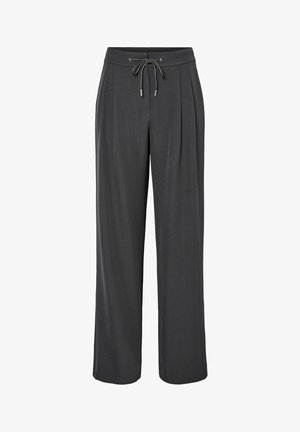 Pantalones anchos color gris oscuro hechos de una tela suave, con cintura ajustable con cordón y pliegues delanteros. Textura lisa sin estampados.