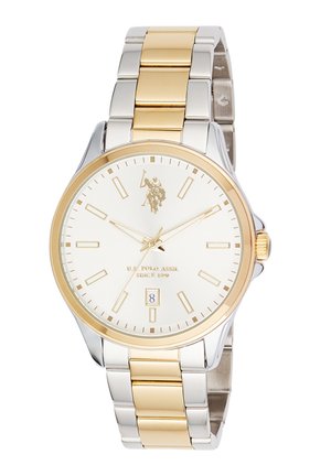 Orologio da polso tondo bicolore oro e argento con quadrante bianco, indici e lancette dorate, datario alle 6, logo U.S. Polo Assn.