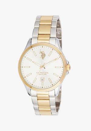 Orologio da polso tondo bicolore oro e argento con quadrante bianco, indici e lancette dorate, datario alle 6, logo U.S. Polo Assn.