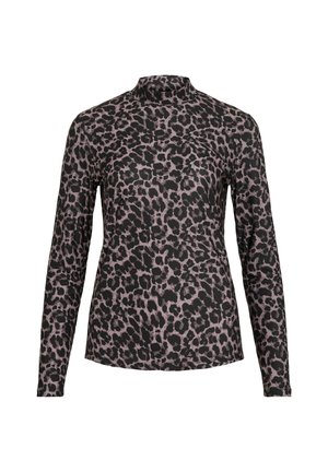 Maglietta a maniche lunghe nera e grigia con stampa leopardata, dal collo alto e vestibilità slim, esposta su uno sfondo bianco.