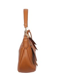 Tan leather handbag with a textured finish, featuring a gold-tone hardware clip and a zipper pocket on the side. Adjustable strap included.