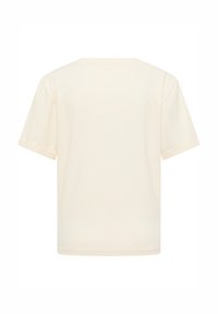 Koszulka z krótkim rękawem z jasnokremowej bawełny. Luźny krój, prosty dół i okrągły dekolt. Gładka faktura bez widocznych wzorów ani akcentów.