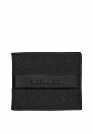Zwarte leren portemonnee met getextureerde boven- en onderdelen, gladde horizontale middenband met de opdruk "CERRUTI 1881".