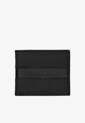 Schwarzes Lederportemonnaie mit strukturierten oberen und unteren Abschnitten, glattem, horizontalem Mittelband, geprägt mit "CERRUTI 1881".