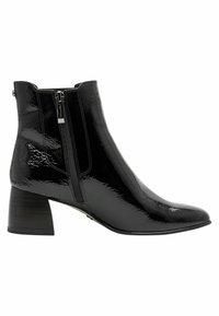 Stivaletto in pelle verniciata nera con punta affilata, chiusura con zip laterale e tacco medio a blocco. Finitura liscia e lucida con un design elegante.