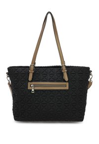 Zwarte gewatteerde handtas met gouden hardware, met dubbele handvatten, een ritsvak en een geometrisch patroon.