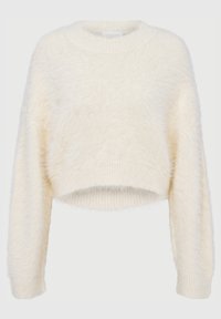 Pull coupé en tissu crème doux et fluffy. Présente un col rond et des poignets côtelés. Design simple sans motifs ni accents.