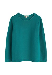 Teal trui met een ronde halslijn en lange mouwen, met een textuur van ribbelpatroon en een rechte zoom. Gemaakt van zacht breimateriaal.