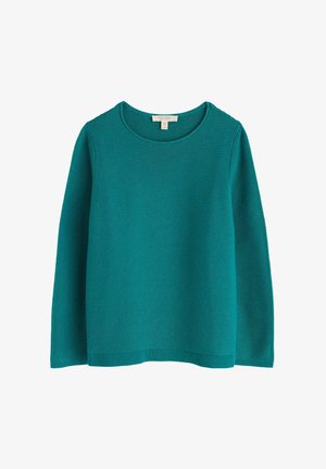 Pullover teal con scollo rotondo e maniche lunghe, caratterizzato da un pattern a coste testurizzato e orlo dritto. Realizzato in morbido materiale knit.