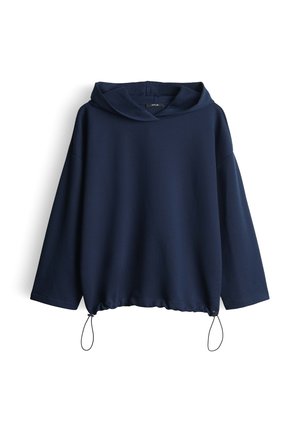 Pullover con cappuccio blu navy a maniche lunghe, realizzato in tessuto testurizzato e dotato di corde regolabili sull'orlo.