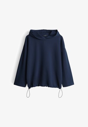 Pullover con cappuccio blu navy a maniche lunghe, realizzato in tessuto testurizzato e dotato di corde regolabili sull'orlo.