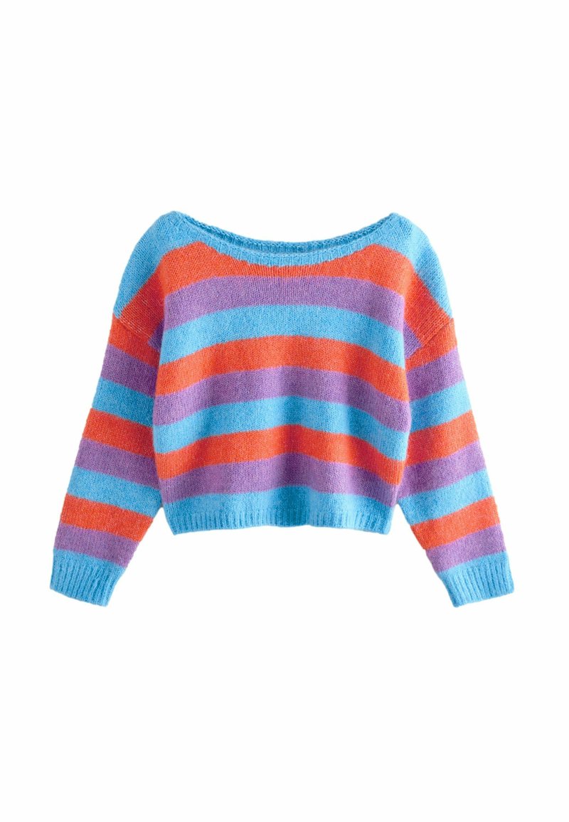 Gehaakte cropped trui met een brede halslijn. Kenmerkt zich door afwisselende strepen in oranje, blauw en paars. Zachte textuur, geribbelde manchetten en onderrand.