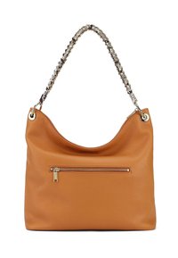 Borsa a mano in pelle color tan con una superficie liscia, una parte superiore curvata, un manico a catena e una tasca frontale con zip. Accentuata da un tirazip dorato.