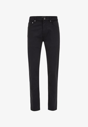 Jeans negri din bumbac cu o croială slim, dotate cu închidere cu buton, buzunare frontale și detalii din metal argintie. Textură netedă și design simplu.