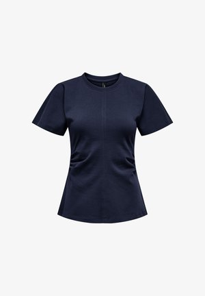 Granatowy t-shirt z krótkim rękawem wykonany z miękkiej bawełny, z okrągłym dekoltem i marszczonymi bokami dla luźnego kroju.