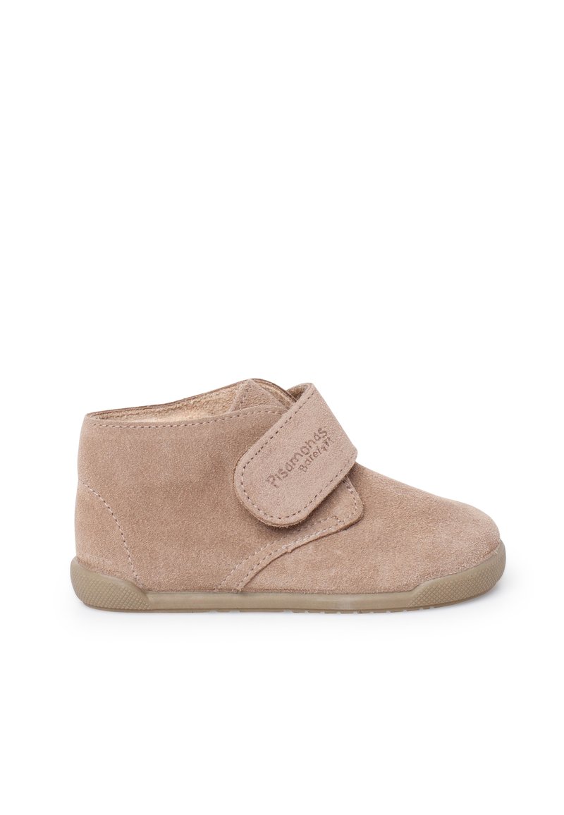 Light brown suede toddler shoe with adjustable Velcro strap and rubber sole, designed for comfort and easy wear.