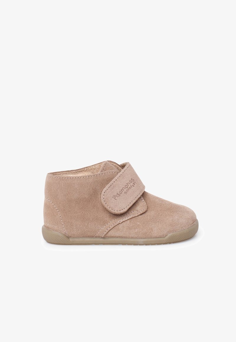 Light brown suede toddler shoe with adjustable Velcro strap and rubber sole, designed for comfort and easy wear.