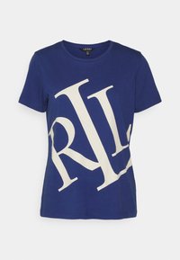 Modrá krátká tričko s krátkým rukávem a velkým šikmým bílým logem "RL" vpředu a kulatým výstřihem.