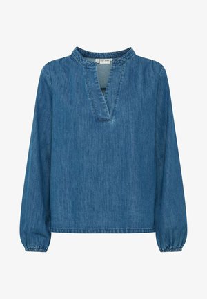Modra denim bluza z dolgimi rokavi, V-izrezom in elastičnimi manšetami. Ima gladko teksturo in sproščen kroj.