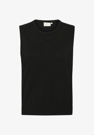 Svart ermeløs topp laget av mykt strikket stoff, med rund halslinning og ribbestrikkede kantdetaljer. Enkel, figursydd silhuett.
