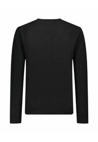 Maglione nero a maniche lunghe realizzato in tessuto morbido, con collo rotondo e superficie liscia e senza texture, maniche aderenti.