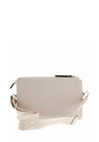 Sac bandoulière en simili cuir beige avec fermeture éclair, de forme rectangulaire plate, et une bandoulière tressée arborant un motif géométrique.