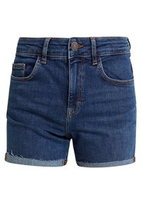 Džínové kraťasy tmavě modré barvy s třepeným lemem, pěti kapsami, zapínáním na jeden knoflík a poutky na opasek. Mají hladkou texturu.