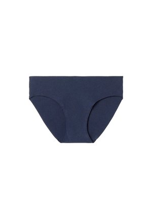 Ropa interior tipo bikini sin costuras de color azul marino, con tejido suave y aberturas de pierna de corte alto sobre un fondo blanco.