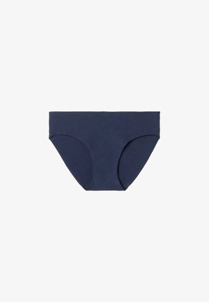 Ropa interior tipo bikini sin costuras de color azul marino, con tejido suave y aberturas de pierna de corte alto sobre un fondo blanco.