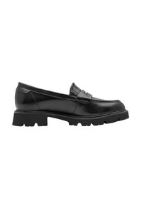 Μαύρο δερμάτινο loafers με παχιά σόλα με αντοχή και σχεδιασμό με ραφή σαν moc toe, εμφανιζόμενο από το πλάι σε λευκό φόντο.