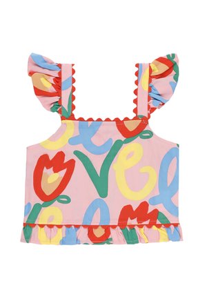 Top corto rosa senza maniche con spalline e orlo arricciato, con forme astratte colorate e motivi floreali in rosso, giallo, verde e blu.