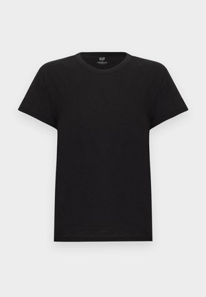 Tricou negru din bumbac cu mâneci scurte și guler rotund, vedere frontală, design simplu, etichetă cu brandul GAP în interiorul gulerului.