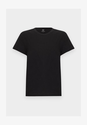 Tricou negru din bumbac cu mâneci scurte și guler rotund, vedere frontală, design simplu, etichetă cu brandul GAP în interiorul gulerului.