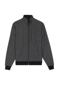 Herren Zip-Jacke aus dunkelgrauem Stoff mit strukturiertem Finish, ausgestattet mit einem hohen Kragen, seitlichen Taschen sowie marineblauen gerippten Bündchen und Saum.