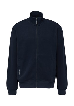 Marineblaue Jacke mit Reißverschluss, hohem Kragen, langen Ärmeln, gerippten Bündchen und Saum sowie zwei seitlichen Taschen vorne.