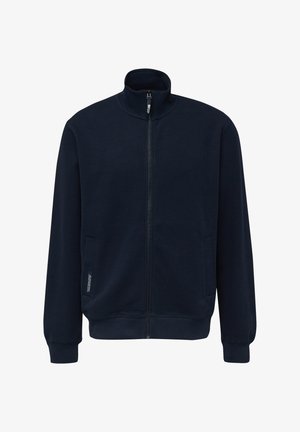 Marineblaue Jacke mit Reißverschluss, hohem Kragen, langen Ärmeln, gerippten Bündchen und Saum sowie zwei seitlichen Taschen vorne.