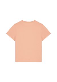 Korte mouwen t-shirt in een licht perzik kleur. Zacht katoenen stof met een ronde hals en een standaard pasvorm, effen achterkant zonder patronen of details.