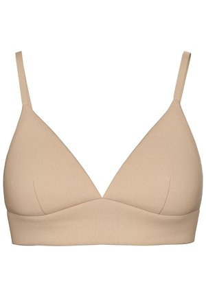 Bralette triangular sem costuras em bege com alças ajustáveis, material macio e sem aros. Apresenta um acabamento suave e uma faixa larga.