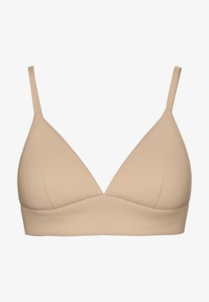 Beige naadloze driehoek bralette met verstelbare bandjes, zacht materiaal en zonder beugels. Heeft een gladde afwerking en een brede band.