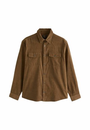 Camisa de pana marrón con cuello puntiagudo, mangas largas y dos bolsillos en el pecho. Cuenta con botones a presión de metal y una superficie texturada.