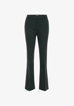 Green tailored trousers with a fitted waist, subtle flared legs, and smooth texture; features side pockets and a neat, clean finish.