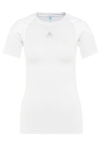 Bílá sportovní tričko Odlo s krátkým rukávem, kulatým výstřihem, texturovanou látkou a malým šedým logem na hrudi. Bezešvý design ramen.