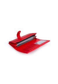 Red leather wallet with a zippered compartment, multiple card slots, and a clear ID slot; features a textured gray lining.