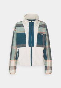 Bluza polarowa z wysokim kołnierzem, w niebiesko-zieloną kratę, z kremowymi panelami, zamkiem błyskawicznym z przodu i bocznymi kieszeniami.
