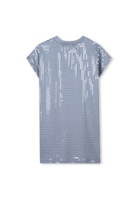 T-shirt à manches courtes en bleu clair avec un motif de sequins, dotée d'un col rond et d'une texture lisse et brillante.
