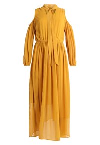 Żółta sukienka maxi z długimi rękawami, wycięciami na ramionach, wiązanym dekoltem oraz elastyczną talią; wykonana z lekkiego, zwiewnego materiału.